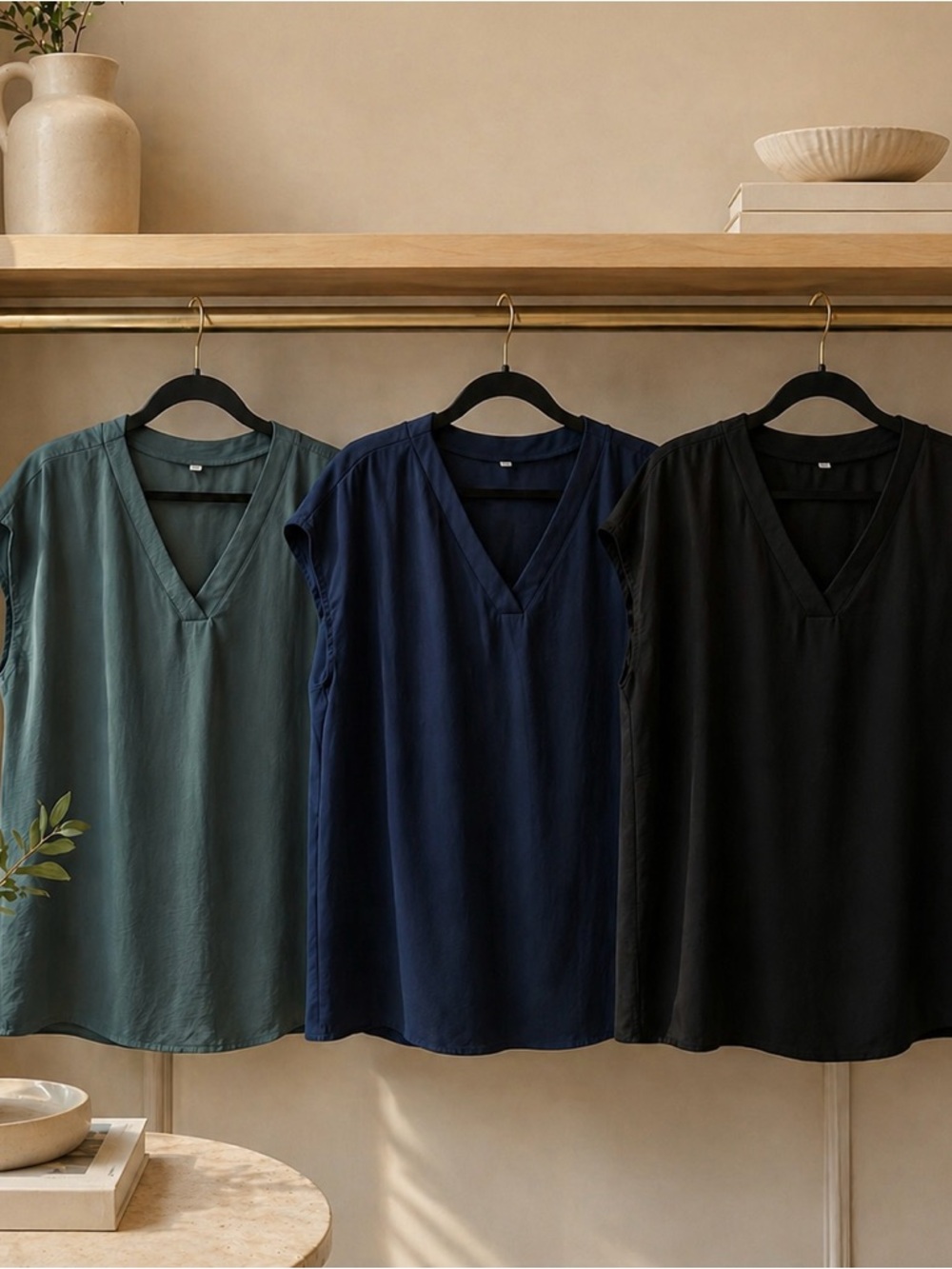 Essential Blouse Trio Lepunuo XXL Navy Black Jasper Chic Minimalist V-Neck Tops